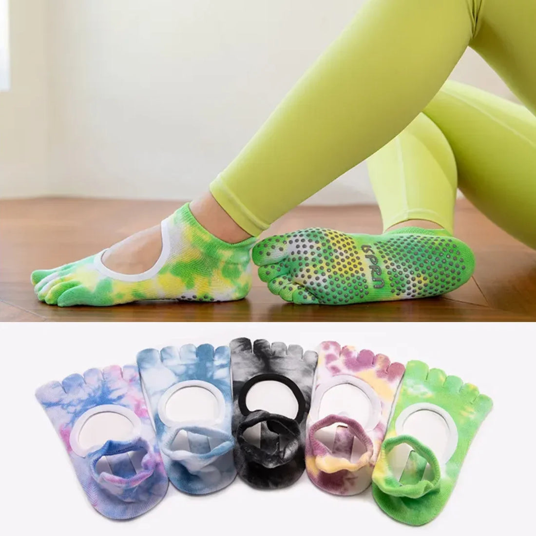 Close-up of silicone grip on Pilates socks for care and washing guidance