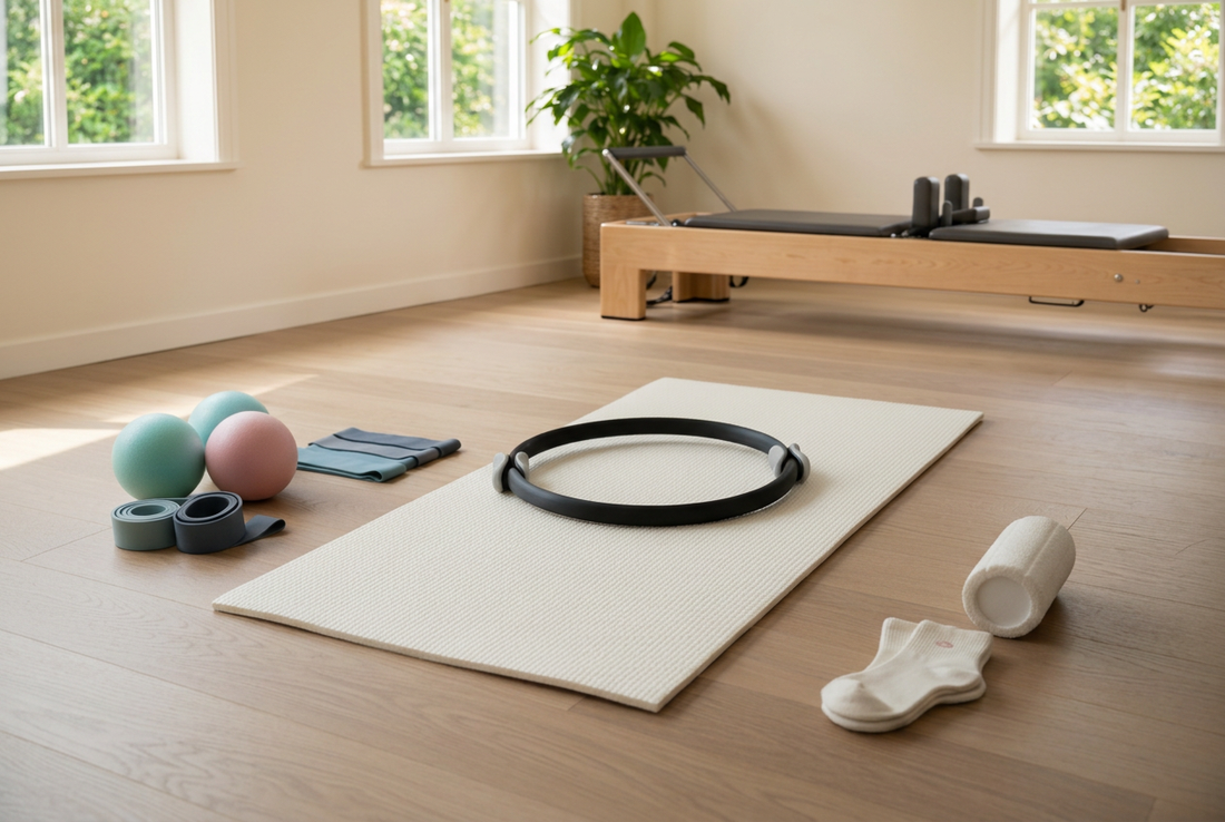 Pilates mat, ring, small balls, resistance bands, white socks and rolled towel arranged on a wooden floor in a bright studio with a wooden Reformer.
