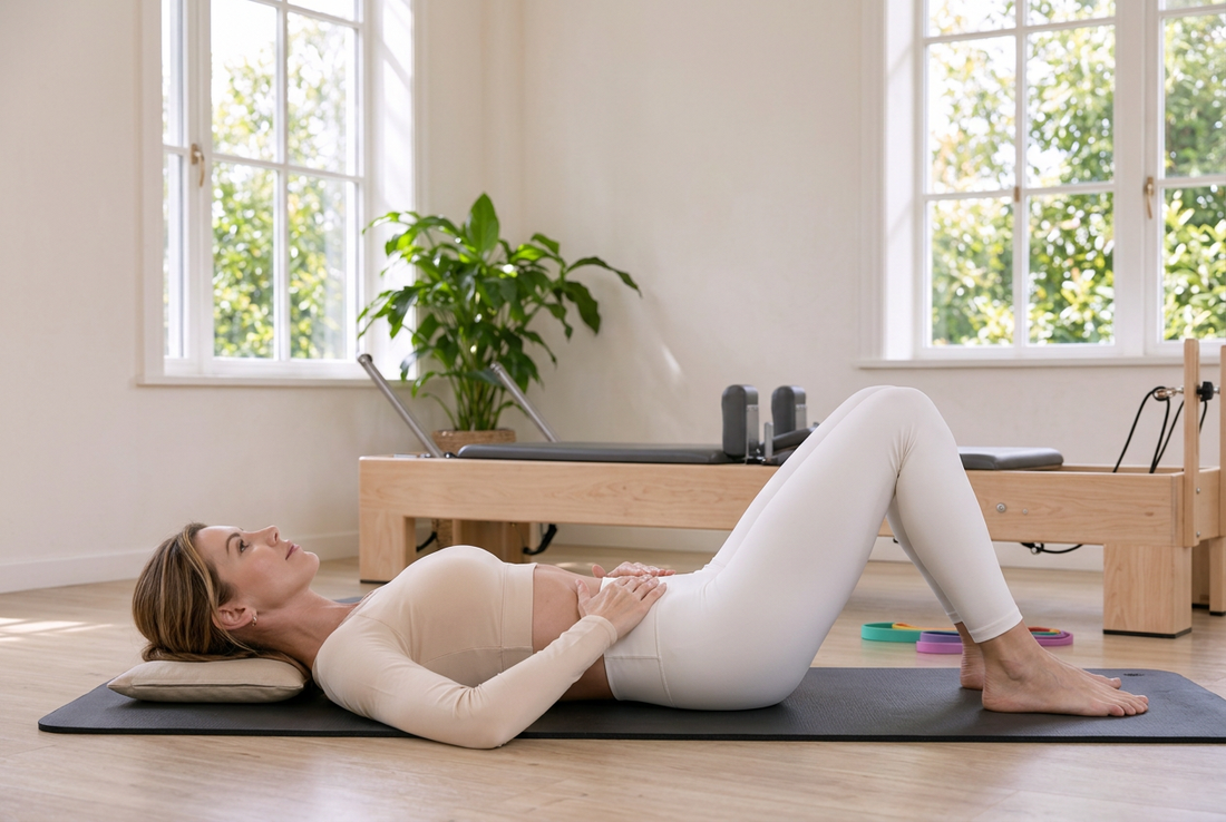Woman in a beige top and white leggings lying on a Pilates mat with knees bent, hands on her abdomen and head supported by a thin cushion in a bright studio.