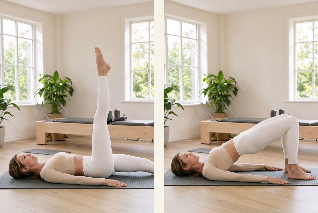Side-by-side views of a woman in a bright Pilates studio performing a supine single-leg raise and a glute bridge with both feet planted on the mat.