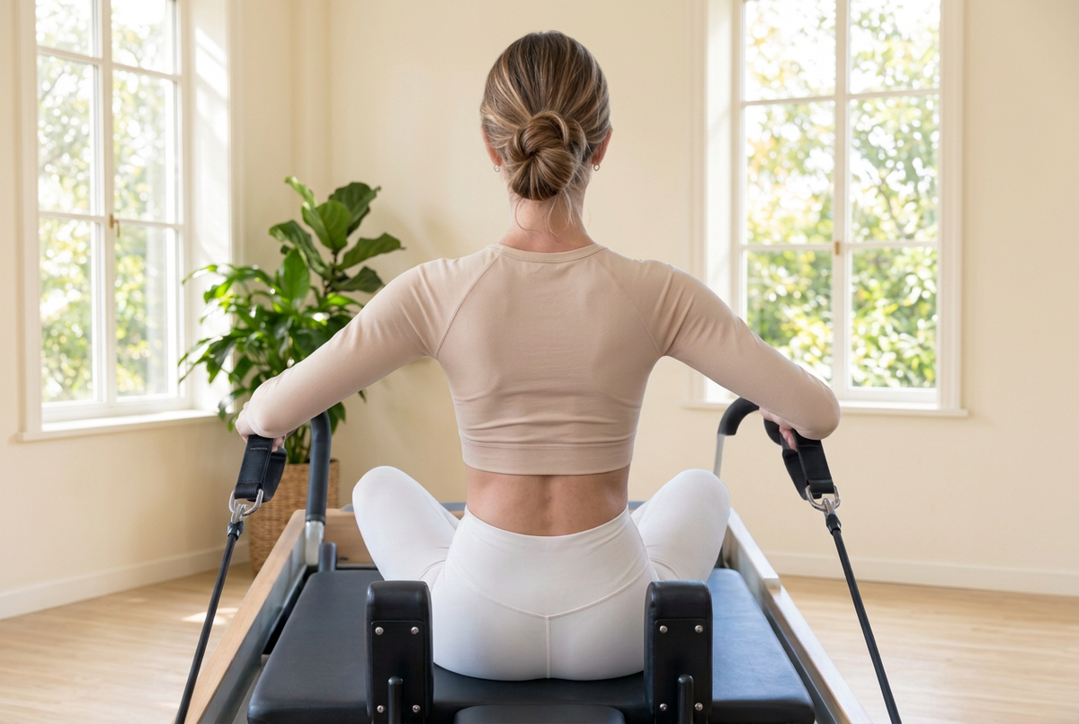 Rear view of a woman in a beige long-sleeve top and white leggings seated on a Pilates Reformer, holding loop handles with elbows bent in a bright studio.