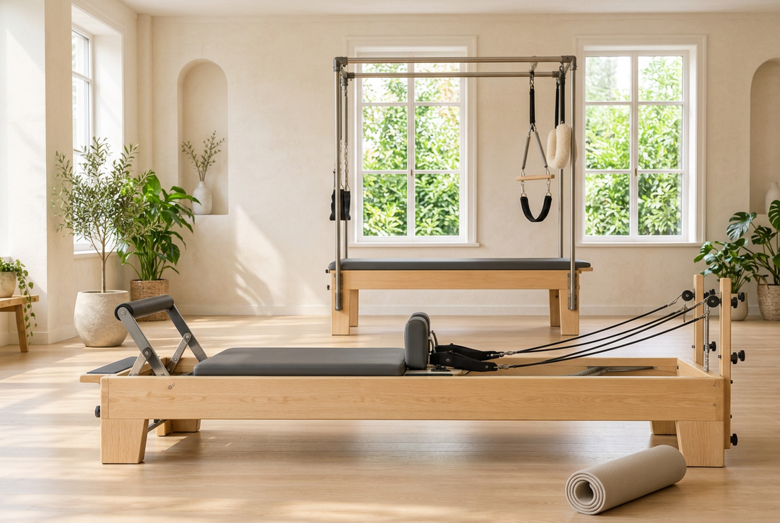 Wooden Pilates Reformer and Cadillac apparatus with dark padding and a rolled mat in a bright studio with white-framed windows and leafy plants.