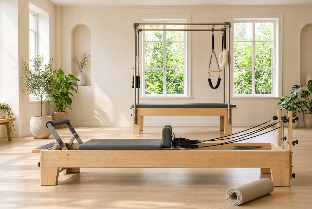 Wooden Pilates Reformer and Cadillac apparatus with dark padding and a rolled mat in a bright studio with white-framed windows and leafy plants.