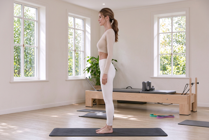 Side view of a woman standing on a Pilates mat in a bright studio with a wooden Reformer.
