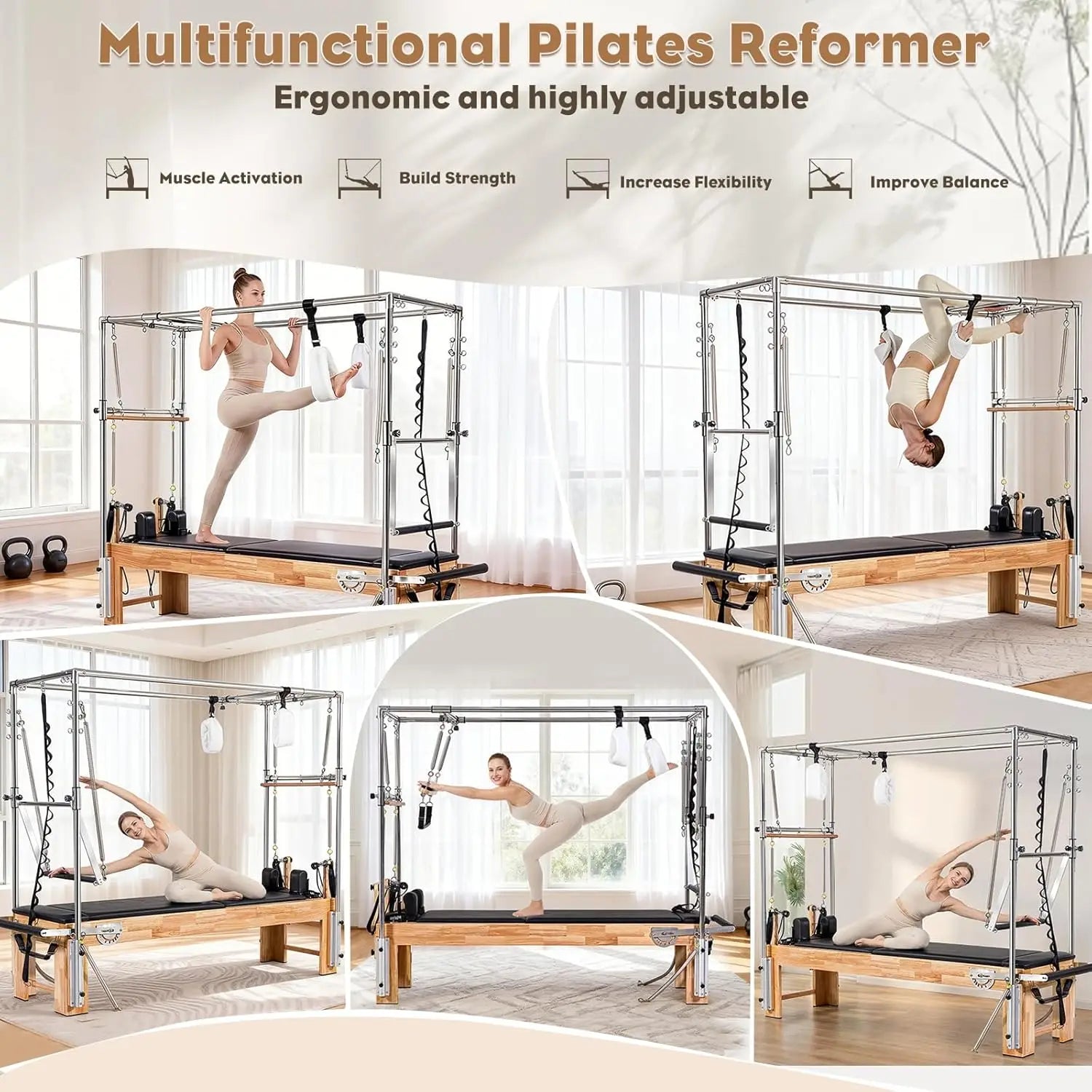 Pilates Reformer Machine with Cadillac Trapeze Table & Tower – Studio-Grade, Includes Mat, Sitting Box & Jump Board