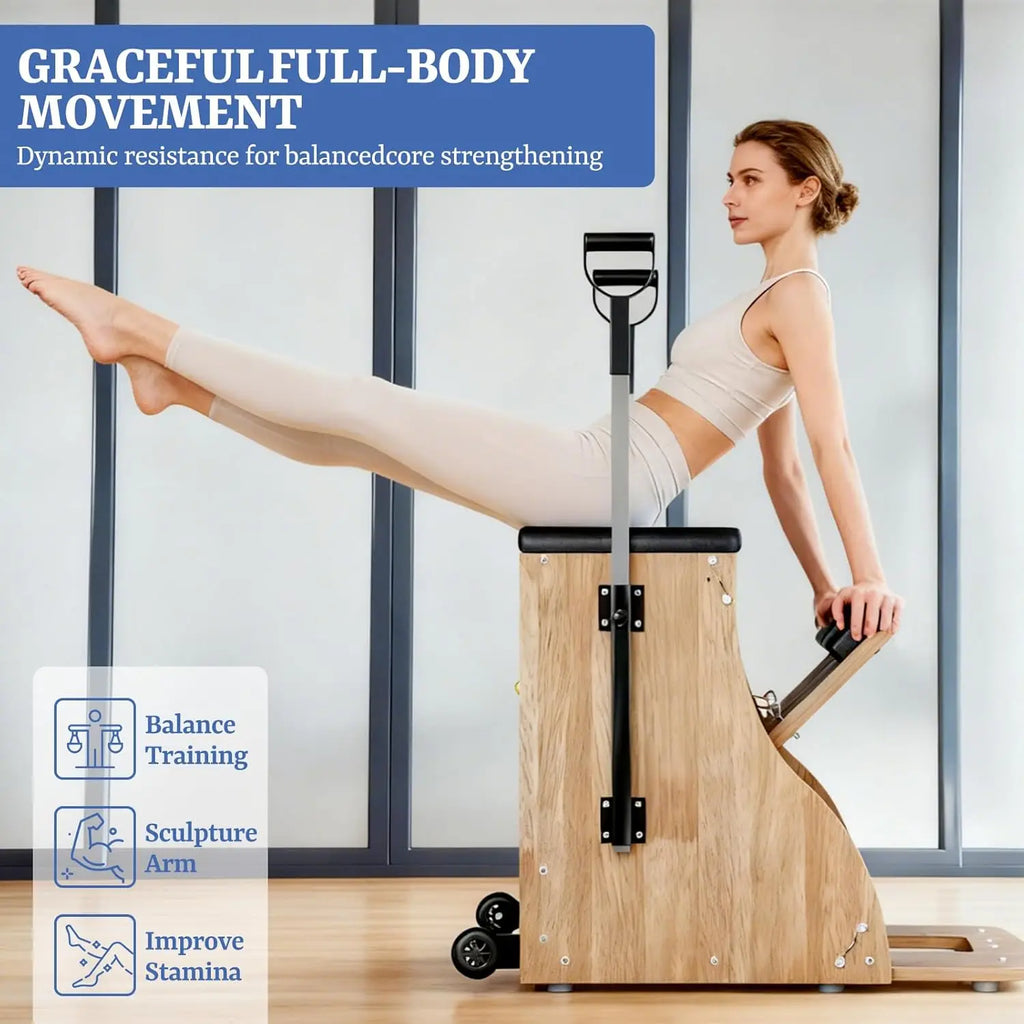 Pilates Combo Chair with Split Pedals & Handles – Solid Wood, Includes Wood Panel Bracket & Non-Slip Socks