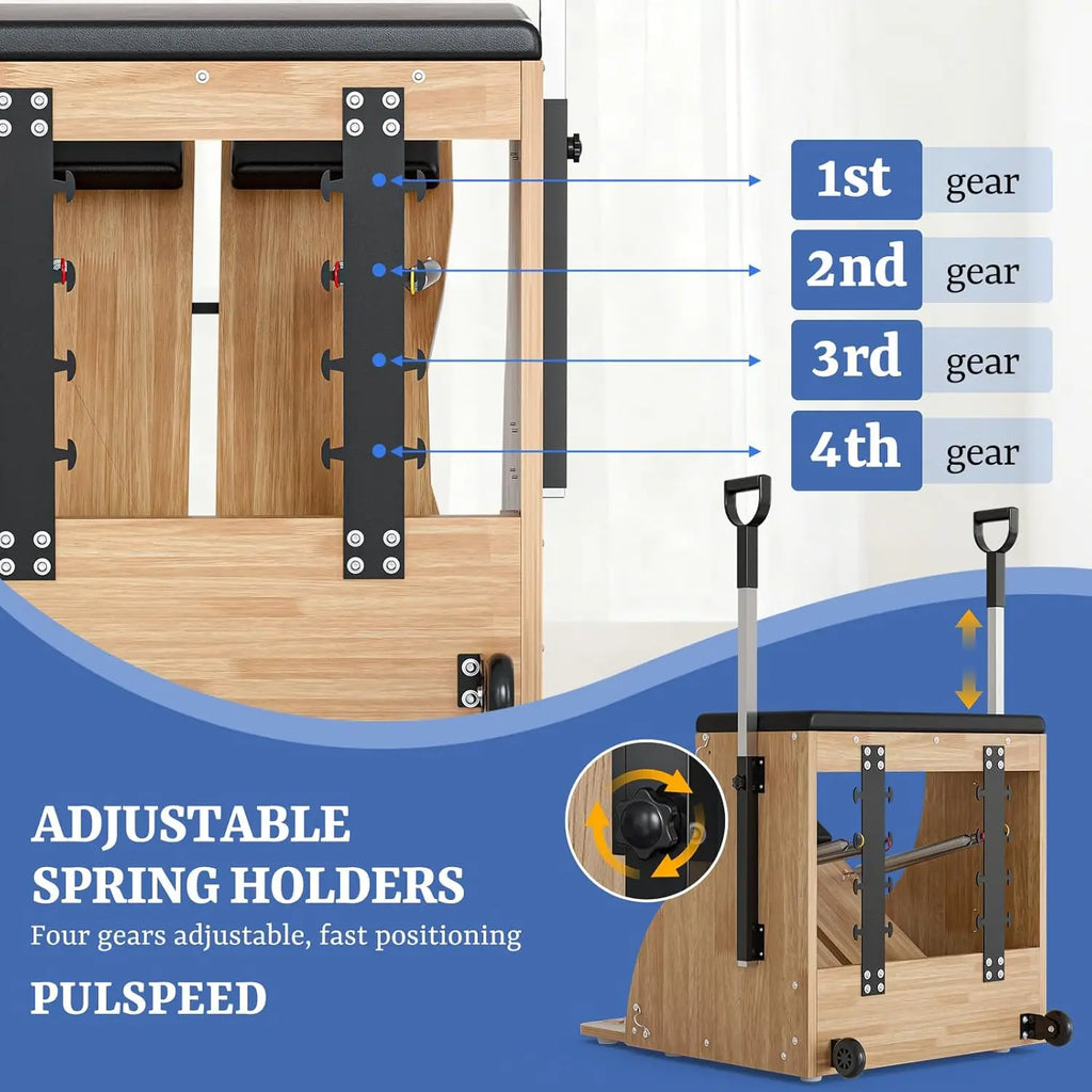 Pilates Combo Chair with Split Pedals & Handles – Solid Wood, Includes Wood Panel Bracket & Non-Slip Socks