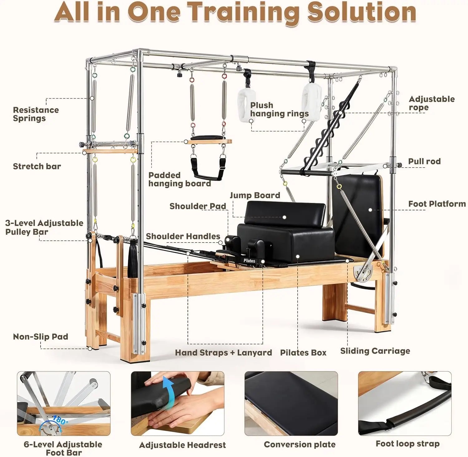 Pilates Reformer Machine with Cadillac Trapeze Table & Tower – Studio-Grade, Includes Mat, Sitting Box & Jump Board