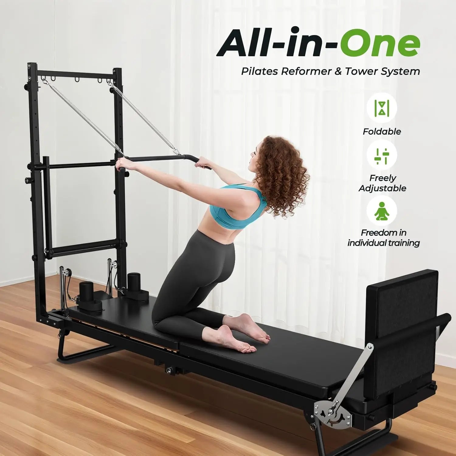 93" Foldable Pilates Reformer with Tower System – 3-in-1 Reformer/Tower/Cadillac, 500 Lb Capacity, Space-Saving