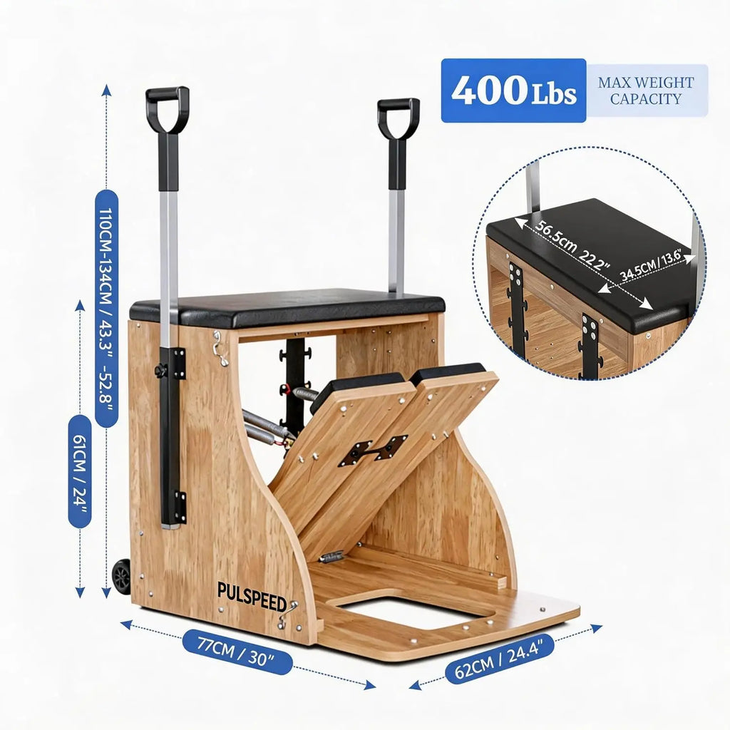 Pilates Combo Chair with Split Pedals & Handles – Solid Wood, Includes Wood Panel Bracket & Non-Slip Socks
