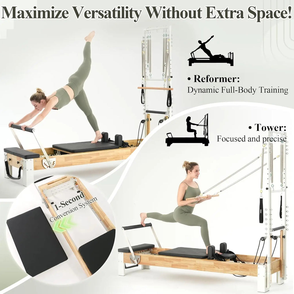 Wooden Pilates Reformer with Cadillac Trapeze Table – Oak Frame, Includes Sitting Box & Jump Board