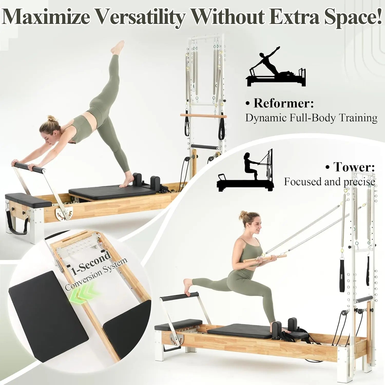 Wooden Pilates Reformer with Cadillac Trapeze Table – Oak Frame, Includes Sitting Box & Jump Board