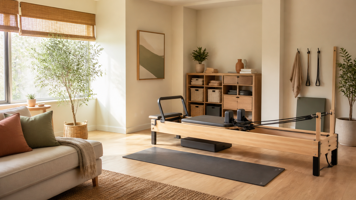 Home Pilates studio with a Reformer, mat, and storage